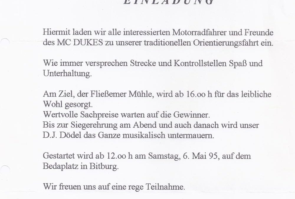 1995-Einladung-Mai-Ori-Rally-Ziel-Fließemer-Muehle